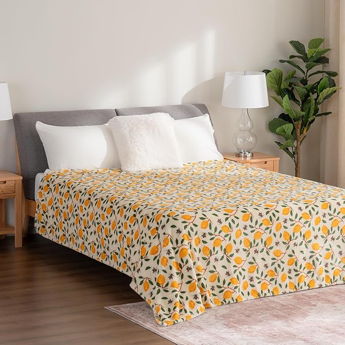 Berkshire Blanket-Classic Heavyweight Soft Printed VelvetLoft® Plush Warm Blanket, Twin Size Soft Fuzzy Blanket for Couch Sofa Bed, Lemons and Bees Yellow, 60in x 90in