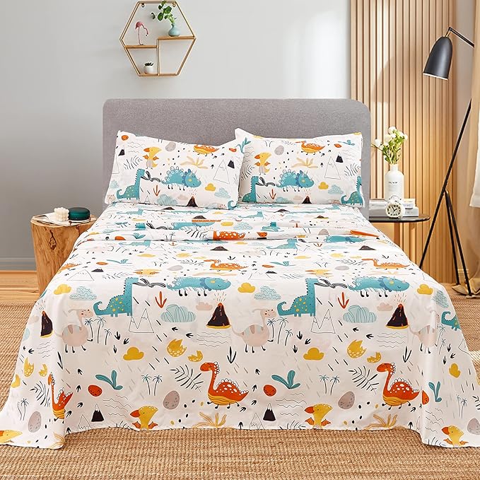JSD Dinosaur Kids Sheet Set Full Size, 4 Piece Dino Pattern Microfiber Bed Sheets for Boys Girls Deep Pocket
