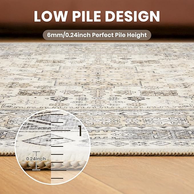 zesthome 8ft Round Rugs for Living Room, Non-Slip Washable Round Area Rugs, Ultra-Thin Large Circle Rugs, Soft Low Pile Rug for Bedroom, Kitchen - Vintage Stain Resistant Round Rug (Beige,8'x8')