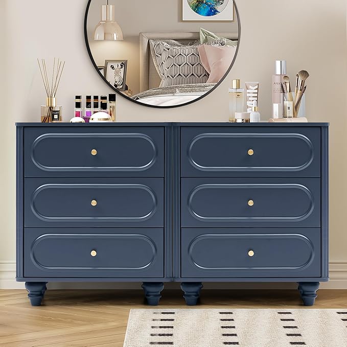 3 Drawer Fluted Dresser for Bedroom, Mid Century Modern Chest of Drawers, Wood Storage Small Dresser Organizer for Bedroom Living Room Hallway Closet, Blue