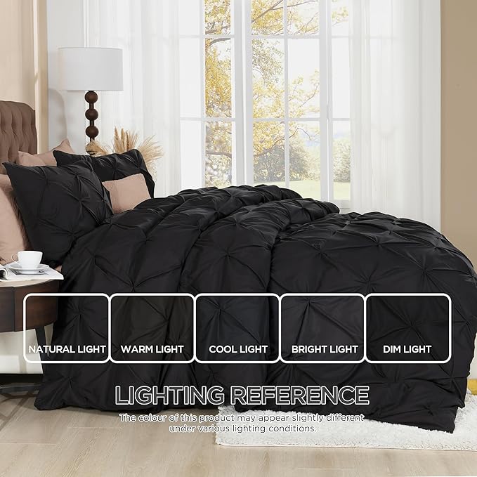 Litanika Black Oversized King Pinch Pleat Duvet Cover, 3 Pieces Pintuck Cover Soft Microfiber Bedding Set with Zipper Closure & Corner Ties(1 Duvet Cover, 2 Pillowcases)