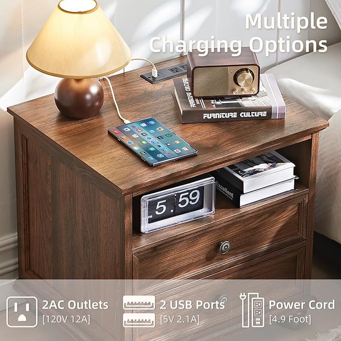 24" Wide Farmhouse Nightstand Set of 2 with Charging Station,End Table with 2 Drawers,Brown Wood Dresser for Bedroom Cabinet, Bed Side Table Chest of Drawers, Night Stand for Living Room
