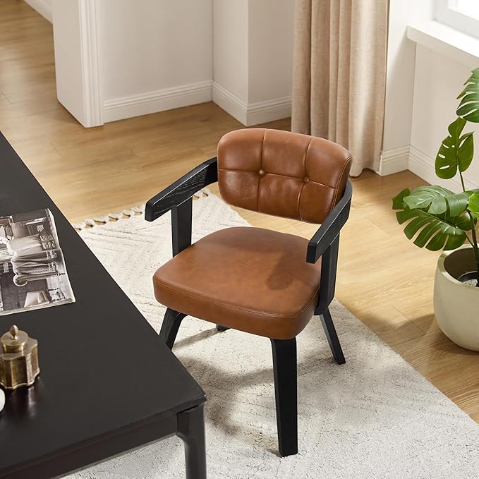 Art Leon Desk Chair No Wheels - Modern Faux Leather Office Chair Mid Century Swivel Desk Chair, Comfy Accent Armchair with Wooden Legs for Small Spaces Home Office Living Room Bedroom Study, Brown