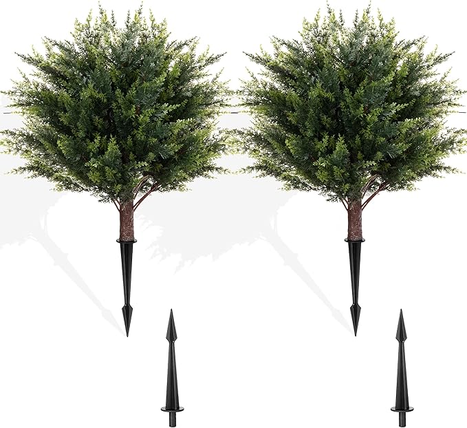 23.6" Artificial Topiary Cedar Trees with 4 Ground Stakes, Faux Outdoor Evergreen Shrubs, UV Resistant Fake Cedar Plants for Porch, Patio, Garden, Yard, Lawn, Landscape Decoration - 2 Pack