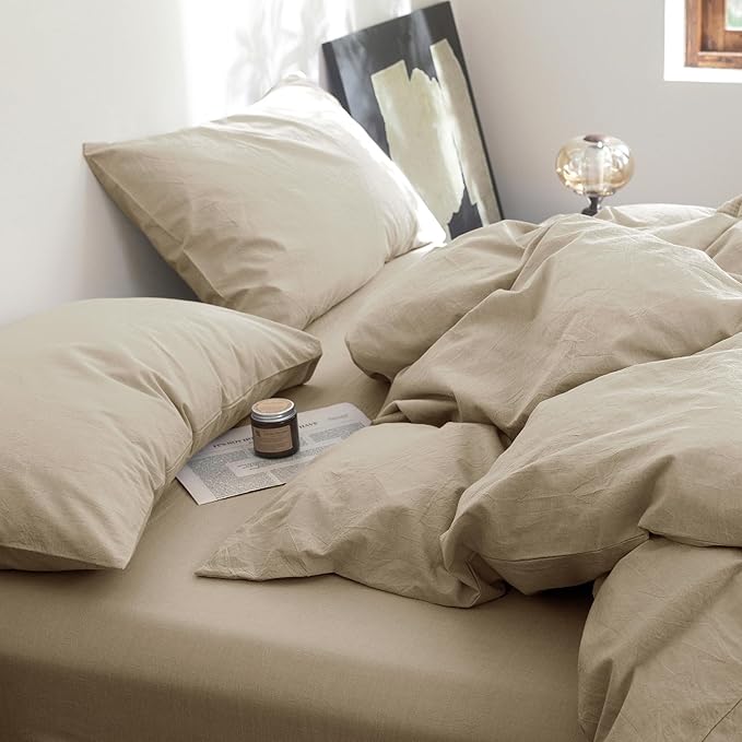 FOSSA Duvet Cover Set 100% Washed Cotton Linen Feel Super Soft Breathable Cozy 3 Pieces Bedding Sets Solid Light Khaki King
