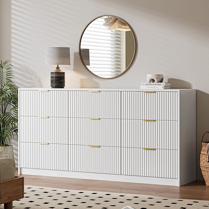White 9 Drawer Dresser for Bedroom, 63" Wide Modern Fluted Dresser with Gold Metal Handles, Chest of Drawers for Bedroom, Living Room, Entryway, Hallway