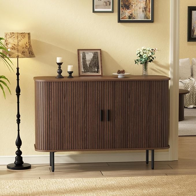 47''W x 32''H Buffet Sideboard Cabinet with Storage, Fluted Storage Accent Cabinet with Curvy Edge, Sliding Door, Credenza, Console Table for Living Room, Kitchen, Walnut