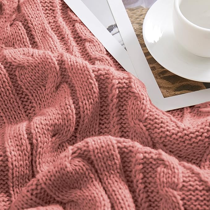 Aormenzy Dusty Pink Cable Knit Throw Blankets for Couch Bed Sofa, Acrylic Knitted Blanket, Soft Cozy Throw Blanket, 50" x 60"