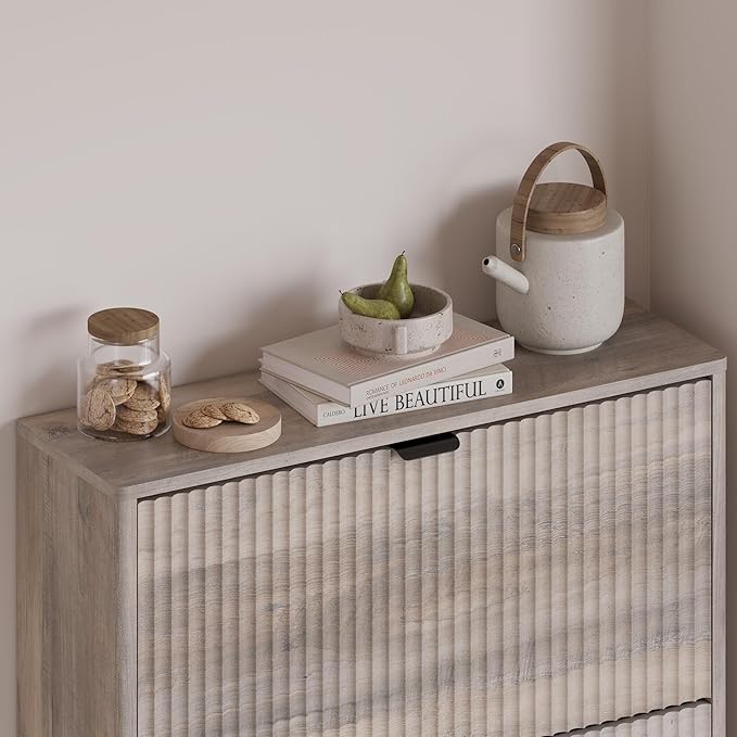 Entryway Shoe Cabinet with 3 Flip Drawers, Narrow Shoe Organizer Cabinet with Fluted Panel and Adjustable Shelves for Foyer, Hallway