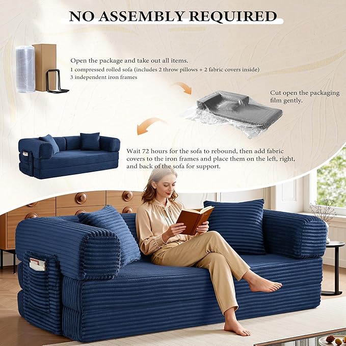 Boneless Couch Folding Couches for Living Room Sofa, Futon Sofa Bed with Sleeper Sofa, Futon Couch with Fixed-Shape Oversized Corduroy Upholstered (Blue, 81 Inches)