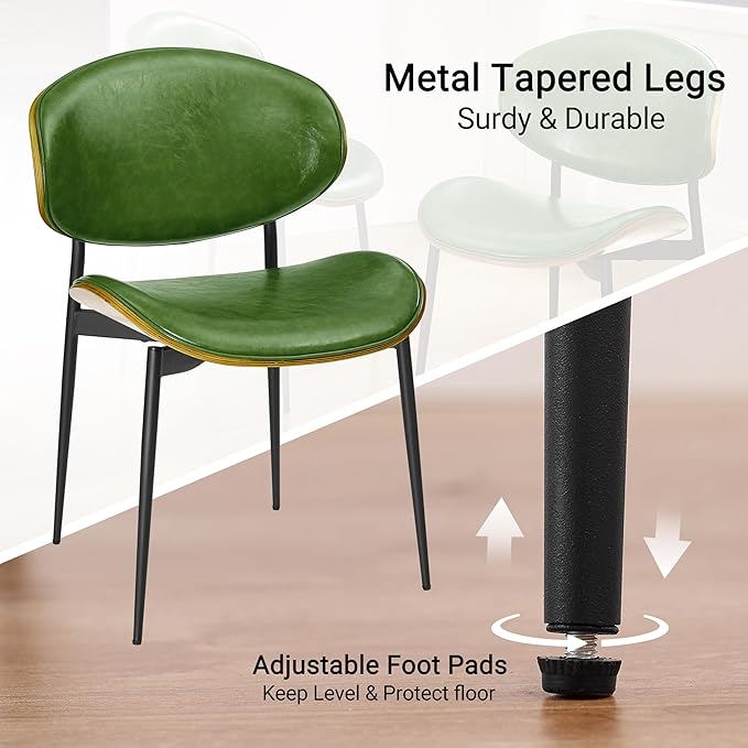 Art Leon Dining Chairs, Set of 2, Walnut Bentwood, Mid Century Modern Chair, Green Faux Leather Kitchen Dining Room Chairs, Accent Chairs for Bedroom