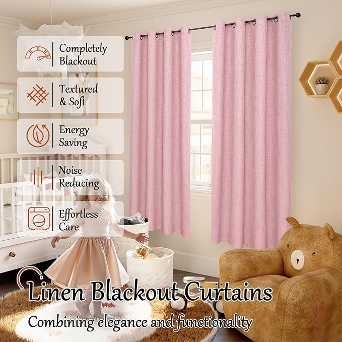 Baby Pink Linen Blackout Curtains for Nursery 72 Inch Length 2 Panels Set, Thermal Insulated Boho Total Black Out Noise Reducing Bonzer Grommets Window Curtains for Girls Bedroom, Each 52 Inch Wide