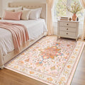 Area Rugs 4'x6' Washable Non-Slip, Floral Vintage Distress Print Pattern Medallion Carpet for Living Room Bedroom Dining Room, Light Pink Colorful