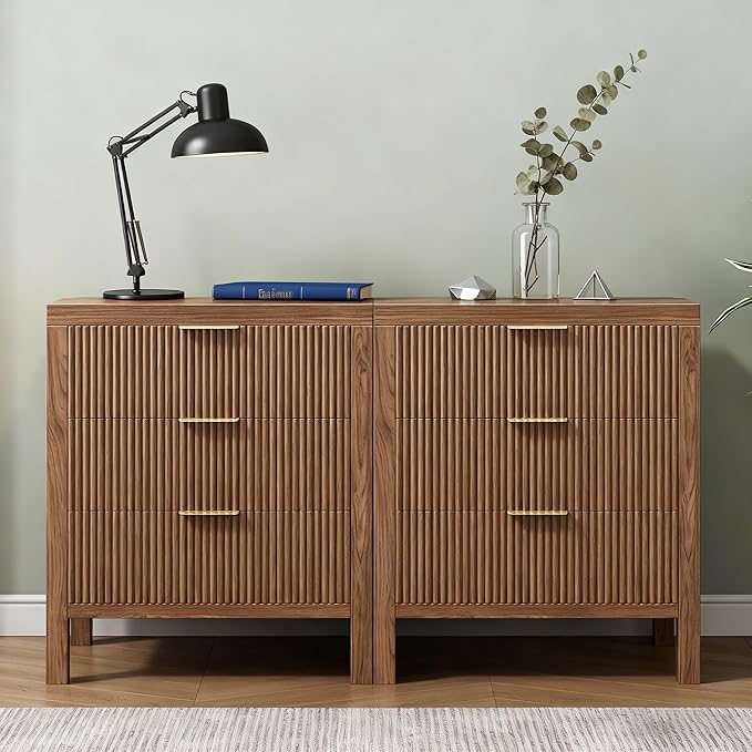 Fluted Nightstands Set of 2, Wooden Farmhouse Night Stands with 6 Drawer Bedside Table - Boho Tall End Table Accent Table for Bedroom, Living Room, Walnut