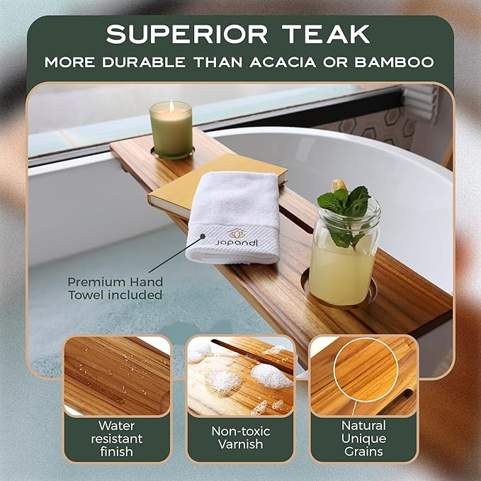Superior Teak Bath Tub Tray Wood for Small Tubs - Adjustable Bathtub Table Tray - Sustainable Minimalist Bathtub Shelf Across Tub - Anti-Slip Bathroom Accessories Holders for Tub 29" in.