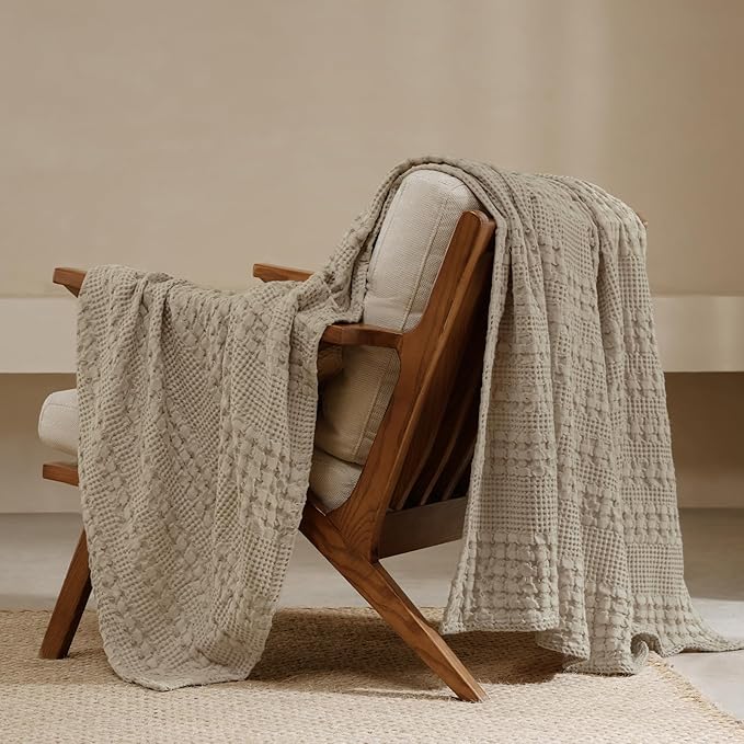 PHF 100% Cotton Waffle Weave Throw Blanket, Soft Lightweight Breathable Cozy Throws for Couch Bed Sofa, Luxury Aesthetic Woven Blanket for Home Decor & Office, 50"x60", Taupe