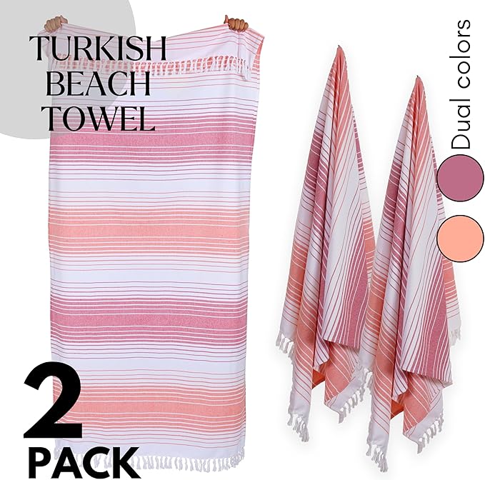 Native Fab 100% Cotton Peshtemal Turkish Bath and Beach Towels Set of 2, Large 40x71 Travel Sarong Gym Pool Spa Towels, Ultra Soft Quick Dry Absorbent Fouta Hammam Peshtemal Towels Red Orange