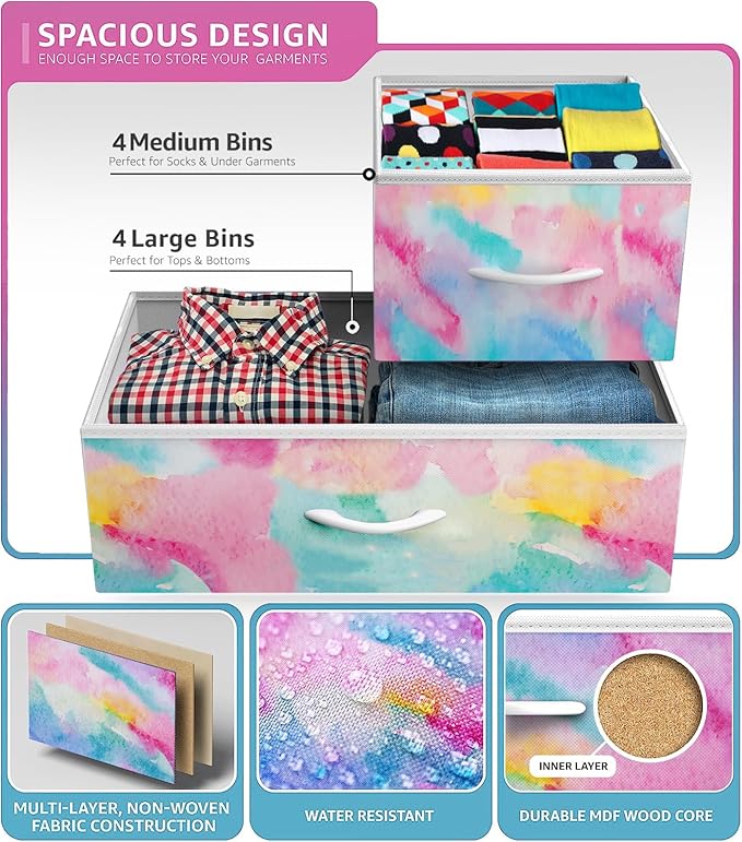Sorbus Dresser with 8 Drawers - Furniture Storage Chest for Kid’s, Teens, Bedroom, Nursery, Playroom, Clothes, Toys - Steel Frame, Wood Top, Fabric Bins (Tie-dye)