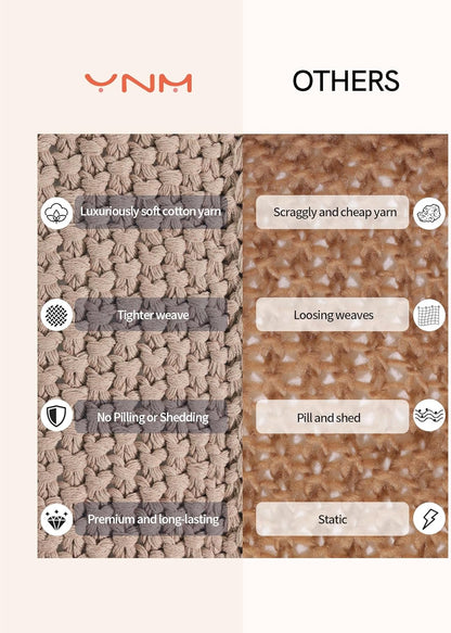 YnM Chunky Cotton Knit Throw Blanket, Cable Knit Throws for Bed Couch Sofa, Comfy & Relaxing, Decorative Piece for Farmhouse Modern Boho Rustic Scandinavian Chic Vibe, Beige 40x50 Inches