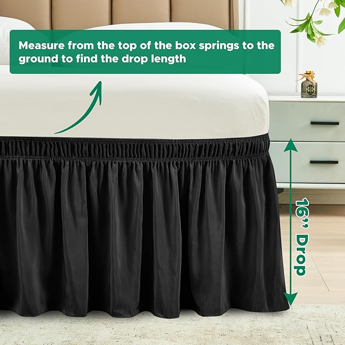 Biscaynebay Wrap Around Bed Skirts for King & Cal King Beds 16" Drop, Black Adjustable Elastic Dust Ruffles Easy Fit Wrinkle & Fade Resistant Silky Luxurious Fabric Solid Machine Washable