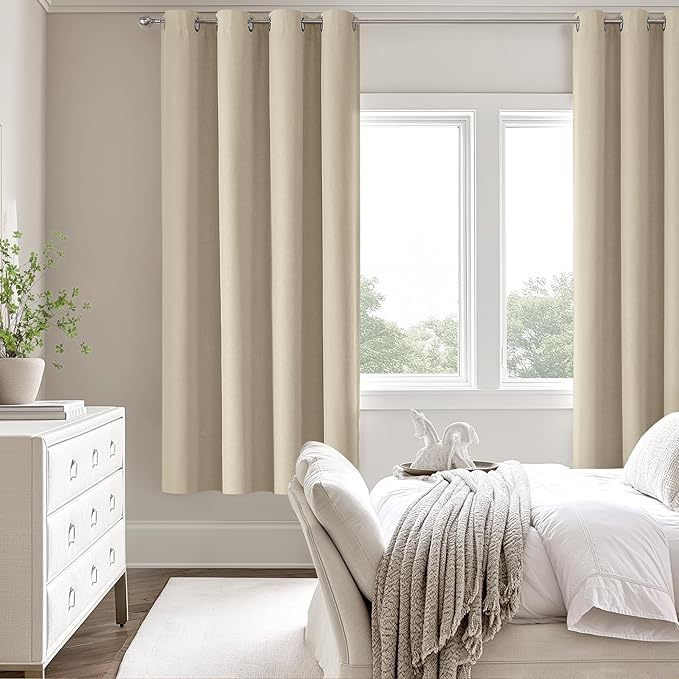 ChrisDowa 100% Blackout Natural Solid Solid Curtains 72 Inches Long 2 Panels for Bedroom Living Room,Farmhouse Room Darkening Thermal Insulated Soundproof Grommet Top Window Treatment Drapes,52x72