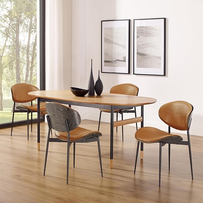 Art Leon Dining Chairs, Set of 2, Grey Oak Bentwood, Mid Century Modern Chair, Orange Faux Leather Kitchen Dining Room Chairs, Accent Chairs for Bedroom