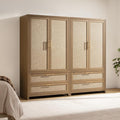 SICOTAS Larger Armoire Wardrobe Closet, 71" Tall Rattan Freestanding Wardrobe Closet Cabinet with Storage and 2 Drawers, Boho Armoire Clothes Organizer with Hanging Rod for Bedroom, Oak (2 Pieces)