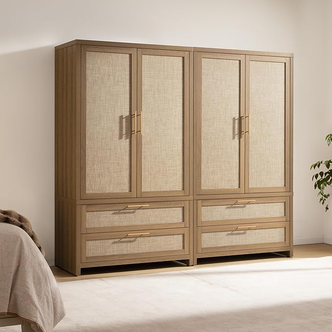 SICOTAS Larger Armoire Wardrobe Closet, 71" Tall Rattan Freestanding Wardrobe Closet Cabinet with Storage and 2 Drawers, Boho Armoire Clothes Organizer with Hanging Rod for Bedroom, Oak (2 Pieces)