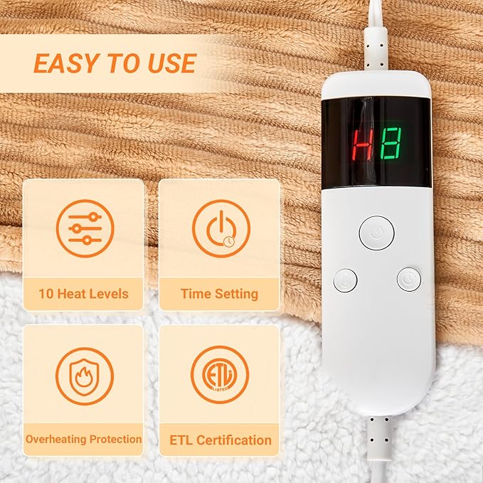 Heated Blanket Electric Twin, Soft Flannel Heating Blanket with 8 Hours Auto Off 10 Fast Heating Levels Machine Washable Sherpa Heated Blanket with Overheating Protection