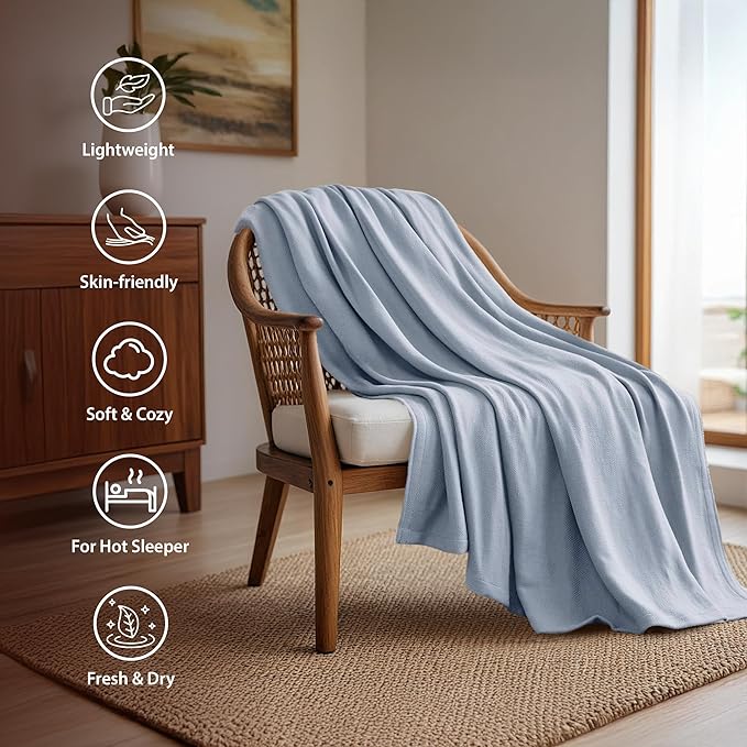 Twin Size Blanket, 70% Rayon (Derived from Bamboo) and 30% Cotton, Lightweight Jacquard Weave, Breathable and Soft Summer Blanket for Bed or Couch, 66” x 90”, Light Blue