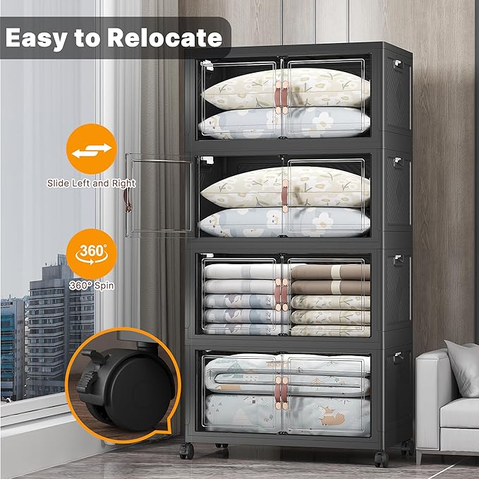 Extra Large Stackable Storage Bins with Lids & Wheels & Door, 640QT-160QT/40GAL*4Pack Foldable Collapsible Closet Organizers, Plastic containers drawers for bedroom Dorm