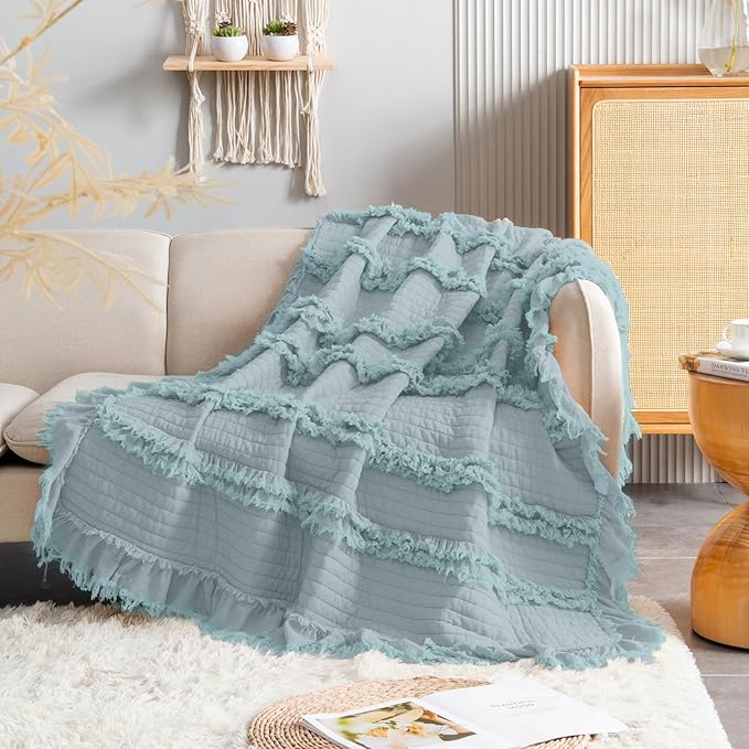 Ultra Soft Pre-Washed Warm Quilted Throw Blanket, Ruffle Fringed Blue Green Boho Decorative Throw, Stone Washed Chic Rustic Blanket for Sofa Couch Bed Chair, 50"x 60"