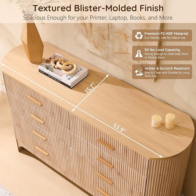 Fluted 8 Drawer Dresser for Bedroom with Curved Profile, Reeded Front Panels, 53.9” Wide Chest of Drawers Storage Cabinet with Smooth-Glide Drawers for Living Room, Light Oak