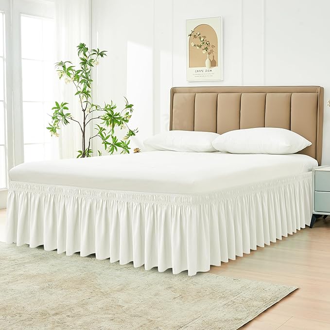Biscaynebay Wrap Around Bed Skirts for Queen Size Beds 21" Long Drop, Ivory Adjustable Elastic Dust Ruffles Easy Fit Wrinkle Resistant Silky Luxurious Fabric Machine Washable