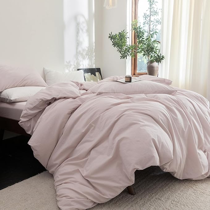 FOSSA Duvet Cover Set 100% Washed Cotton Linen Feel Super Soft Breathable Cozy 3 Pieces Bedding Sets Solid Greyish Pink Super Queen