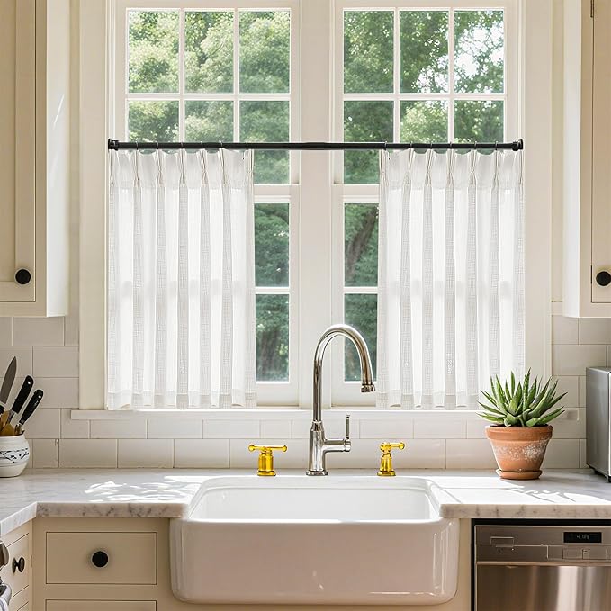 Beige White Linen Pleated Curtains 30 Inch Length Light Filtering Semi Sheer Mini Curtains Cafe Small Window Basement Bathroom Boho Farmhouse Pinch Pleat Short Semi Sheer Kitchen Drapes Camper RV