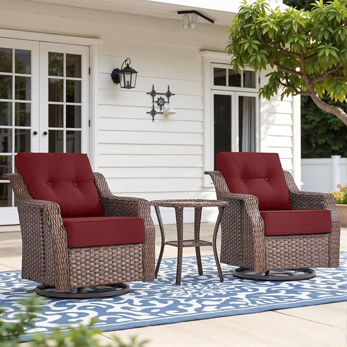 Belord 6" Thick Cushion Outdoor Swivel Rocker Patio Chairs Set of 2,3 Piece Wicker Patio Bistro Set with Side Table and Comfort High Back Outdoor Patio Glider Chair Brown Wicker/Red Cushion
