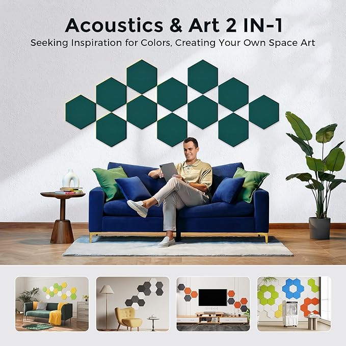 Self-Adhesive Acoustic Panels [390 lbs/yd³ Ultra-High Density], 2nd Generation Sound Absorbing Panel, Professional Level Sound Panel, Polyester Soundproof Foam [Size L, Dark Green]