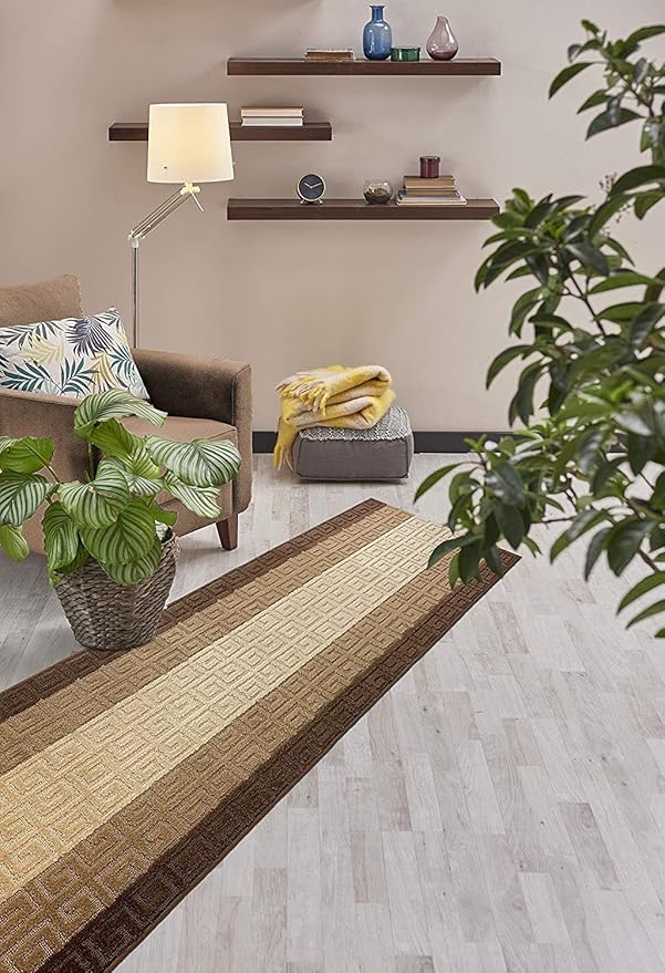 Custom Length Hallway Runner Rug,Slip Resistant,Meander Brown, 26 Inch X 19 feet, Sold and Priced Per Foot