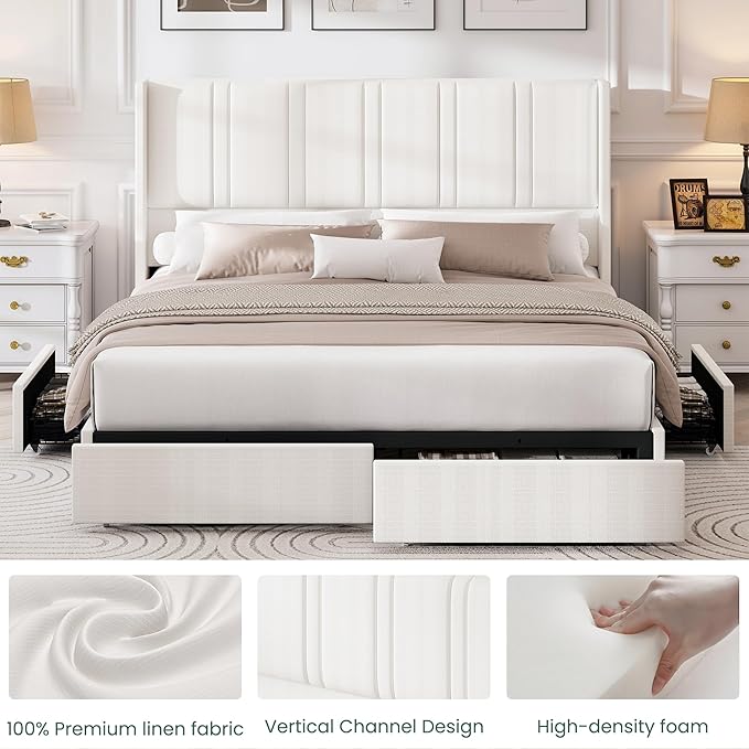 LARMACE King Size Bed Frame with 4 Storage Drawers and Wingback Headboard Linen Upholstered Platform Bed Frame with Wooden Slats, Easy Assembly, White
