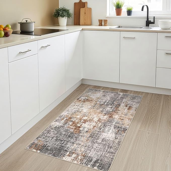 Washable Area Rug: 3x5 ft Abstract Small Rugs for Entryway Kitchen Living Room Bedroom - Non Slip Modern Neutral Carpet Indoor Front Door - Grey Brown