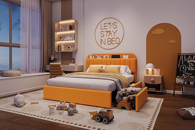 Jojoka Full Bed Frame with Storage Headboard and 2 Drawers, Boucle Upholstered Platform Bed, Modern Kids Full Bed Frames for Small Rooms, No Box Spring Needed, Easy Assembly, Yellow