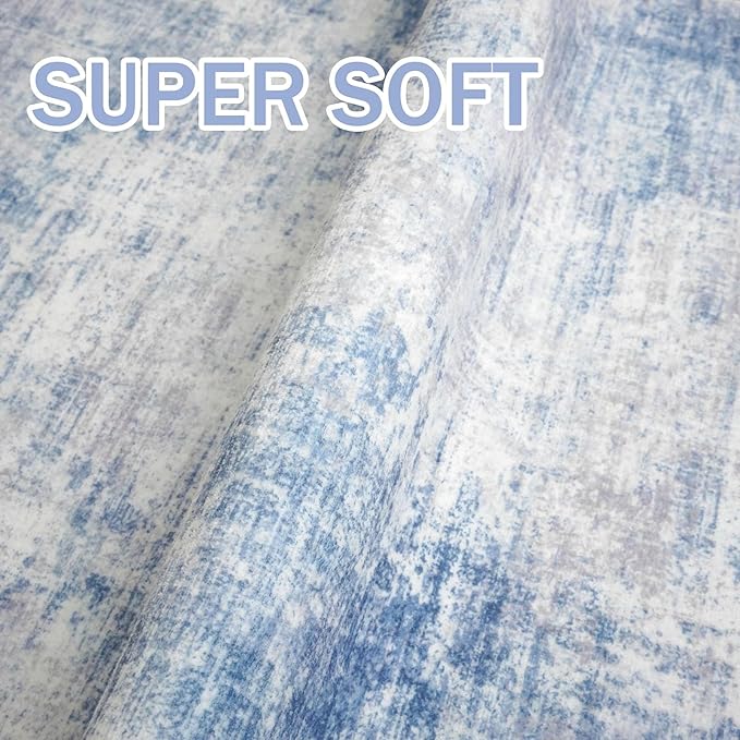IOHOUZE Abstract Runner Rug 3x16 Ft Washable Runners for Hallways, Non Slip Kitchen Runner Printed Faux Wool Entryway Runner Indoor, Modern Abstract Floor Carpet for Hall Stair, Light Blue White