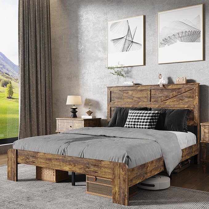 Queen Size Bed Frame with Farmhouse Headboard, Rustic Boho Wooden Bedframe with LED Lights and Charging Station, Easy Assembly, No Box Spring Needed (Brown, Queen)
