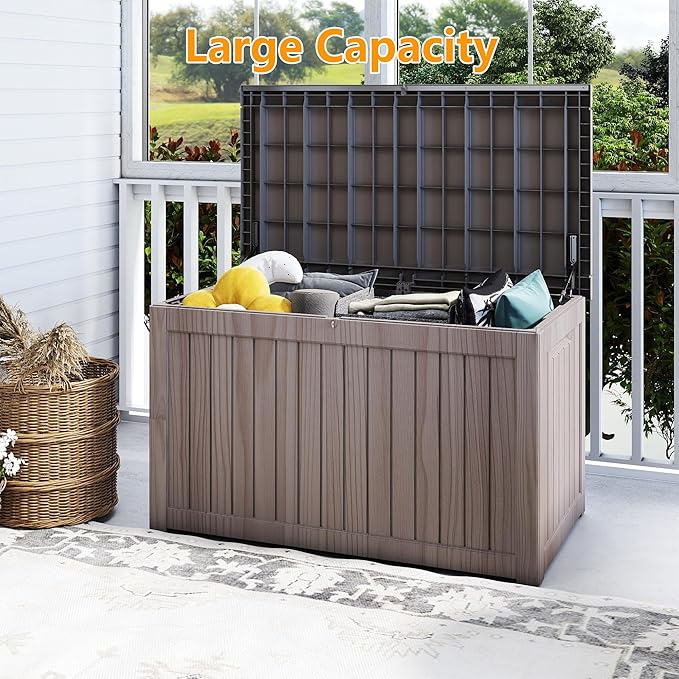 270 Gallon Outdoor Storage Box Waterproof, Resin Deck Boxes with Lockable Lid & UV-Resistant for Patio, Pool, Garden Furniture Cushions & Accessories, Coffee