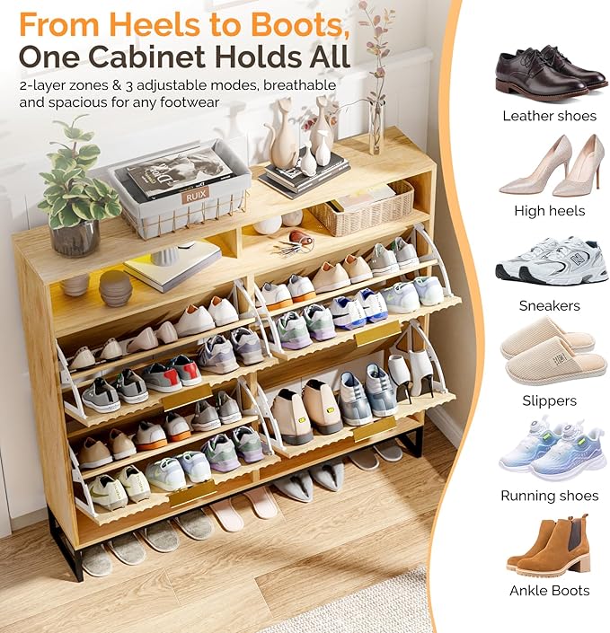 VINGLI Fluted Shoe Cabinet Storage for Entryway,Hidden Shoes Storage Cabinet with 4 Flip Drawers, Mid Century Modern Shoe Rack with LED Light,Shoes Organizer with Cubby for Hallway(Natural Oak)