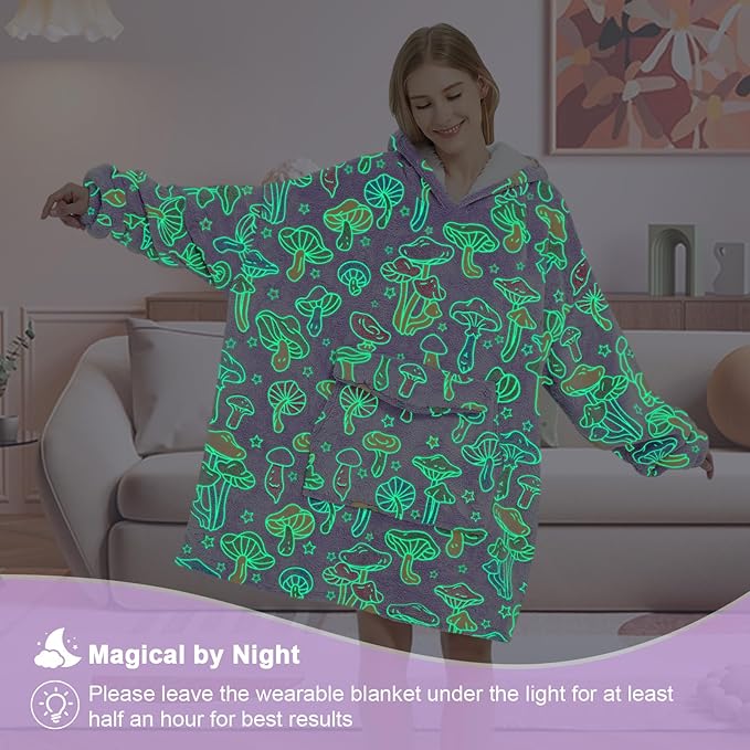 Glow in The Dark Mushroom Wearable Blanket Hoodie for Adult,Oversized Sherpa Fleece Blanket Hoodie for Women Men,Mushroom