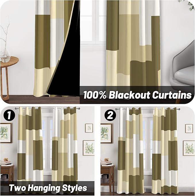 Beige 100% Blackout Curtains for Bedroom 63 inch Long 2 Panels Set White Beige Modern Abstract Geometric Black Out Curtains Insulated Room Darkening Window Drapes for Living Room, 52Wx63L