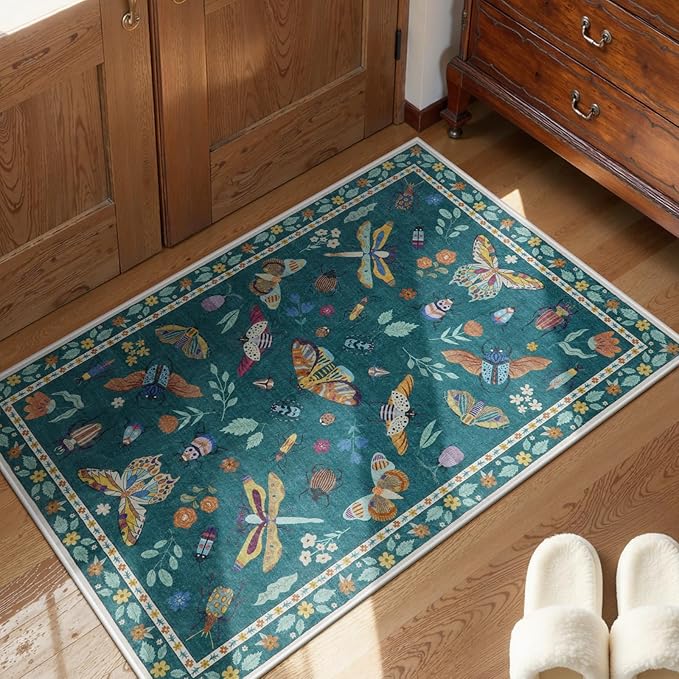 Lahome Insect Washable Rug, 2x3 Kitchen Rugs for Entryway Bathroom, Soft Door Mat Indoor Entrance Ultra-Thin, Small Non-Slip Throw Carpet for Bedroom Entry, Dark Green