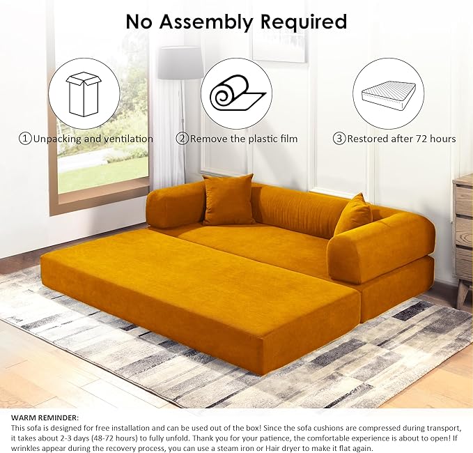 80" Convertible Sofa Bed, 3-in-1 Corduroy Folding Pull Out Couch with Pillows, No Assembly Modern Boneless Couch Compression Sofa in Box, Floor Sofa with Side Storage Pocket for Living Room, Yellow